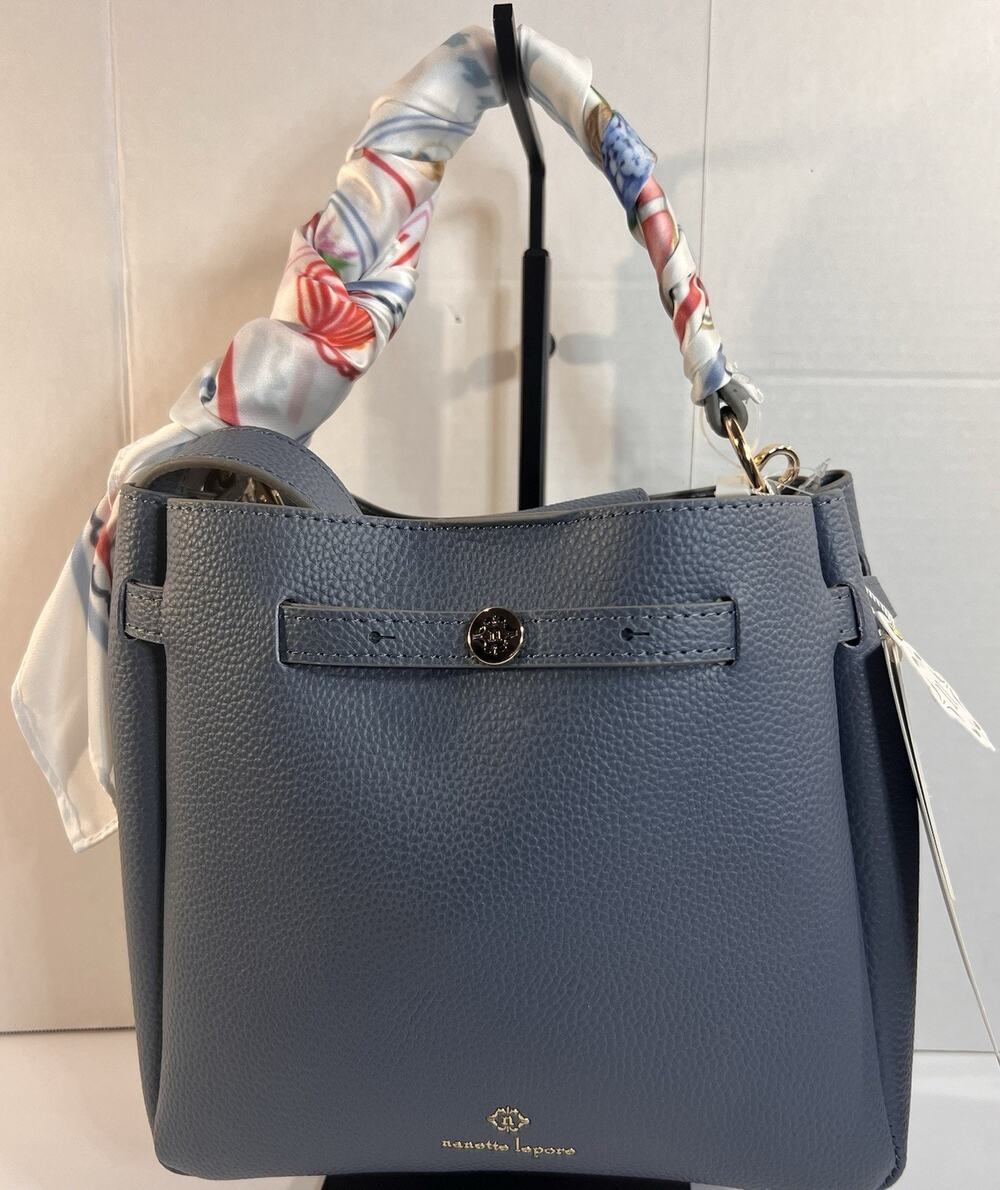 Nanette Lepore Autumn Denim Blue Convertible Bucket Bag Scarf NWT